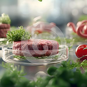 synthetic plant-based instant in food processing laboratory to experiment on beef patty