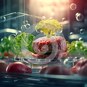 synthetic plant-based instant in food processing laboratory to experiment between vegetable and meat in fridge