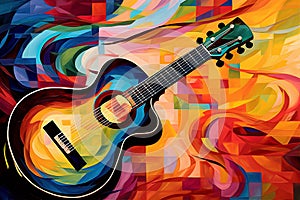 Synthetism art of guitar vibrants color, illustrated by Generative AI