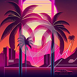 Synthpop palm trees illustration. Playlist cover or music album cover photo