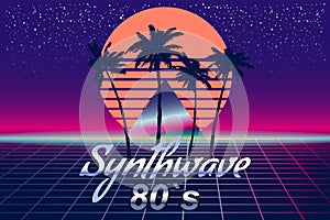 Synthwave 80 s retro banner vaporwave aesthetic background. Palms silhouette triangle grid 3d, sunset retrowave