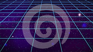 Synthwave 80s grid background. Retro futuristic wireframe landscape on night starry sky. 1980 sci-fi party flyer, poster, banner,