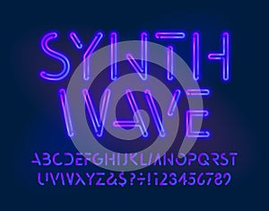 Synthwave alphabet font. Neon letters, numbers and symbols.