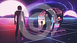 Synthwave Arcade Car Racers in a Retro Digital Landscape - Loop Retrowave Background V2