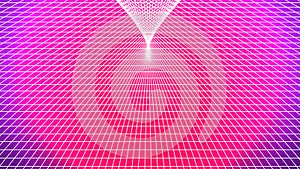 Synthwave background. White perspective grid. Pink backdrop. Geometric line structure. 80s sci-fi template. Retro future style