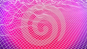 Synthwave background. White perspective grid. Pink sunset backdrop. Wavy 3d landscape. Cyberspace. 80s sci-fi template