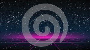 Synthwave grid Background. 80s Retro Future backdrop. Pink perspective grid on dark starry sky. Synthwave Fetro Futuristic party