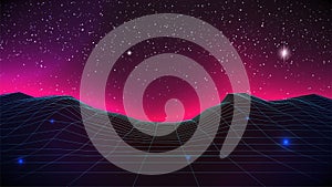 Synthwave Horizon Background. Virtual 3d landscape with Glow. Perspective Grid with starry sky. 80s sci-fi or game style. Banner,