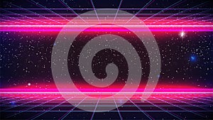 Synthwave Neon Background. Bright Retro Future pink glowing, glitch perspective Grid, starry sky. Retro Futuristic Synthwave party photo