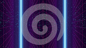 Synthwave Neon background. Two vertical glows between 80s perspective grids on dark starry sky. 80 sci-fi retro futuriistic party