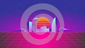 Synthwave neon city and mountains 80`s style