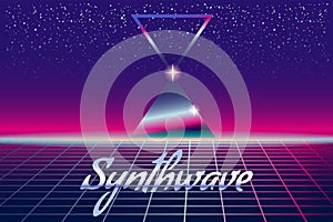 Synthwave retro banner vaporwave aesthetic background. Pyramids grid 3d, sunset 80's retrowave