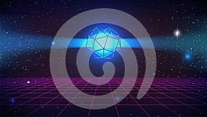 Synthwave Retro Future background. Wireframe polyhedron with bright blue inside glow. 80s purple perspective grid starry sky.