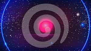 Synthwave Retro Future Grid background with blue round Neon glowing and pink Sun in center. Starry sky. Synthwave Retro Futuristic