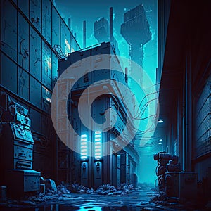 Synthwave retro landscape in 80s style with old factory in industrial city district and neon lights.
