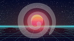 Synthwave Retro Sun. 80s style Sunset. Blue Perspective Grid