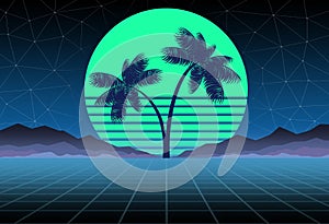 Synthwave and retrowave background template. Palms, sun and space in computer game. Retro design, rave music, 80s