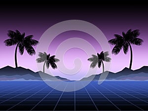 Synthwave and retrowave background template. Palms, sun and space in computer game. Retro design, rave music, 80s