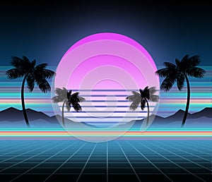 Synthwave and retrowave background template. Palms, sun and space in computer game. Retro design, rave music, 80s