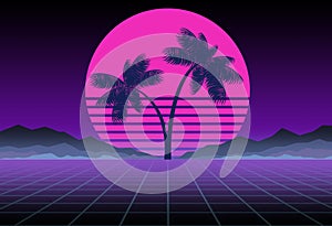 Synthwave and retrowave background template. Palms, sun and space in computer game. Retro design, rave music, 80s