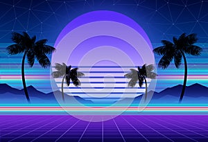 Synthwave and retrowave background template. Palms, sun and space in computer game. Retro design, rave music, 80s