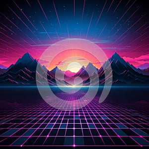Synthwave and retrowave background template. Waporwave banner. 80\'s computer game wallpaper.