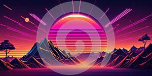 synthwave retrowave landscape with mountains and sunset