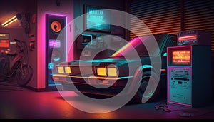Synthwave 80s retro design. Detalied retro background style 80s. AI. photo