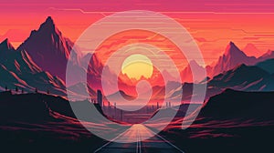 Synthwave style landscape with road, mountains, and sunset