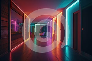 Synthwave style neon room. Retro interior in 80s style with neon lights.