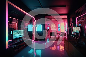 Synthwave style neon room. Retro interior in 80s style with neon lights.