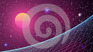 Synthwave Sunset Background. 80s Sun Backdrop. Blue inclined perspective grid with retro Sun on dark starry sky. Retro Futuristic