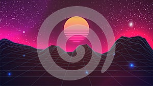 Synthwave Sunset Background. Virtual 3d landscape with Sun. Perspective Grid with starry sky. 80s sci-fi or game style. Banner,