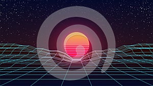 Synthwave Sunset. Retro Futuristic Sun on blue Wireframe landscape