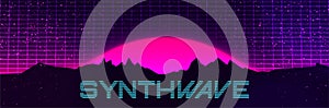 Synthwave text. 80s sunset. Pink sun or planet. Mountains silhouette. Retro futuristic grid. Dark sky with stars