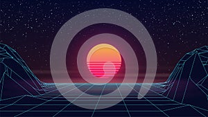 Synthwave virtual Sunset scene. Wireframe valley landscape