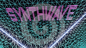 Synthwave Wireframe Banner. Retrowave Perspective Grid Background. Retro Futuristic Blue Polygon Mesh