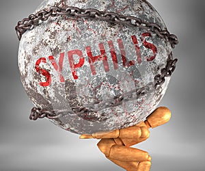 Syphilis and hardship in life - pictured by word Syphilis as a heavy weight on shoulders to symbolize Syphilis as a burden, 3d
