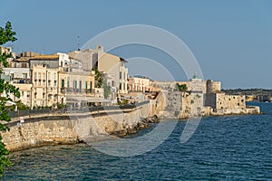 Syracuse, Sicily. Beautiful view of the Ionian Sea coastline in Ortigia, Italy