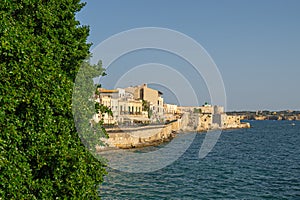 Syracuse, Sicily. Beautiful view of the Ionian Sea coastline in Ortigia, Italy