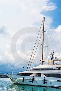 Syracuse, Sicily, Italy Ã¢â¬â August 23, 2018 : Luxury boats moored at the Sicilian marina of Syracuse resting while waiting to