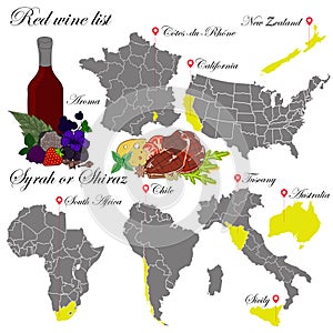 Syrah or Shiraz. The wine list. An illustration of a red wine. photo