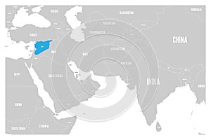 Syria blue marked in political map of South Asia and Middle East. Simple flat vector map
