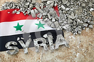 Syria Earthquake, A background of the Syria flag and brick debris