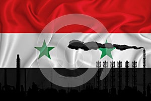 Syria flag, background with space for your logo - industrial 3D illustration.Silhouette of a chemical plant, oil refining, gas,