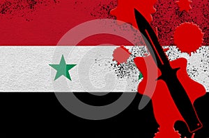 Syria flag and black tactical knife in red blood. Concept for terror attack or military operations with lethal outcome