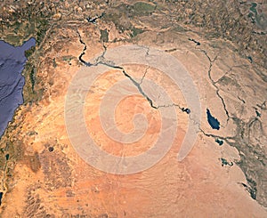 Syria an Iraq, satellite view, map, 3d rendering, land, middle east.