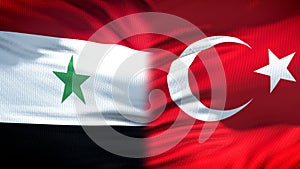 Syria and Turkey flags background, diplomatic and economic relations, security