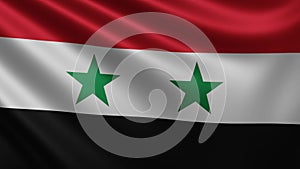 The Syrian flag flutters in the wind close-up, the national flag of Syria flutters in 3d, in 4k resolution