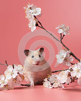 Syrian Hamster sits among cherry blossoms on a pink background. Spring portrait of a cute pet.Happy rodent among flowers